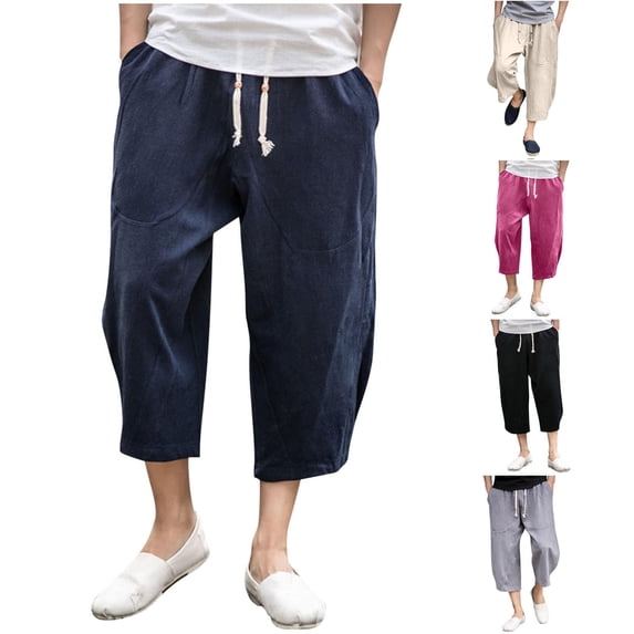 QSXADF Cotton Linen Capris for Men Loose Wide Leg Pants Linen Blending Cropped Pants Solid Relaxed Drawstring Waist Cargo 3/4 Length Length Mens Casual Trousers