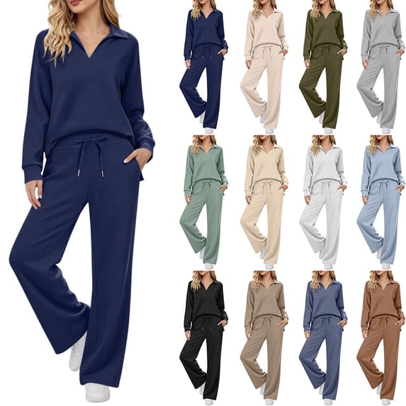 QSXADF Fall 2 Piece Sweatsuits Women Casual Tracksuit Set Solid Collared Long Sleeve Elastic Waist Pocket Pants Set Daily Women Fall Winter Outfits