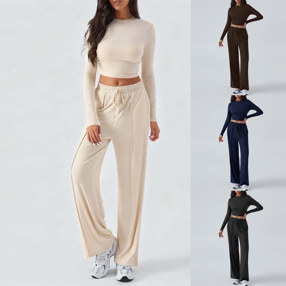 QSXADF Fall 2 Piece Sweatsuits Women Casual Tracksuit Set Solid Crew Neck Long Sleeve Drawstring Waist Pocket Pants Set Comfortable Women Fall Winter Outfits