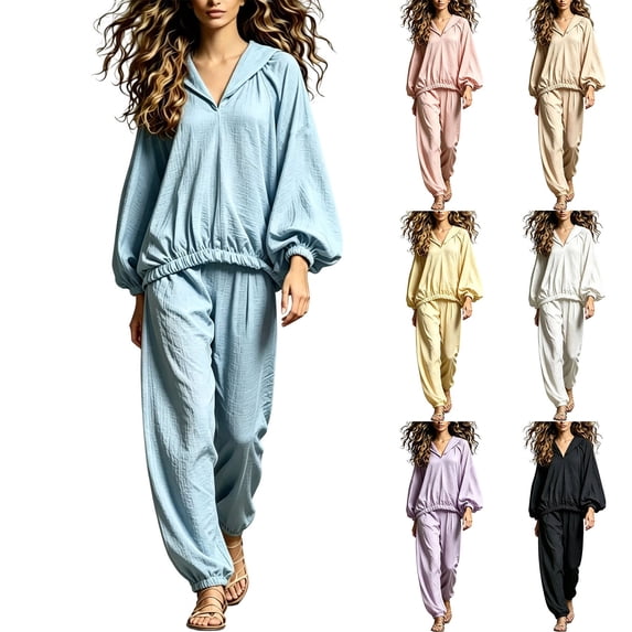 QSXADF Fall 2 Piece Sweatsuits Women Casual Tracksuit Set V Neck Puff Sleeve Long Sleeve Top Pants Set Fashion Casual Women Fall Winter Outfits