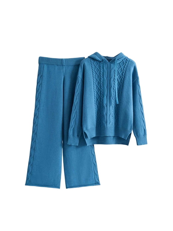 Fall/ Winter Lounges Set For Women Cable Knit Long Sleeve Hooded Split Hem Sweater And Elastic Waist Pants Outfits