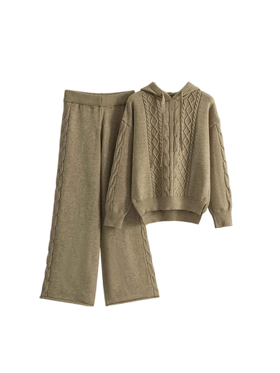 Fall/ Winter Lounges Set For Women Cable Knit Long Sleeve Hooded Split Hem Sweater And Elastic Waist Pants Outfits
