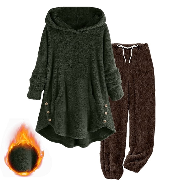 QSXADF Fall/ Winter Lounges Set For Women Fuzzy Long Sleeve Hooded Top And Drawstring Jogger Pants Outfits