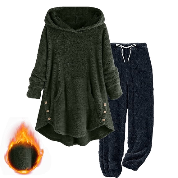 QSXADF Fall/ Winter Lounges Set For Women Fuzzy Long Sleeve Hooded Top And Drawstring Jogger Pants Outfits