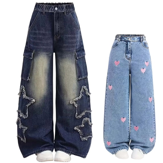 QSXADF Girl's Straight Leg Jeans Kids Denim Pants Kids Casual Daily Pants Girls Denim Star Graphic Loose Jeans For Daily Casual Wear Children's Trousers