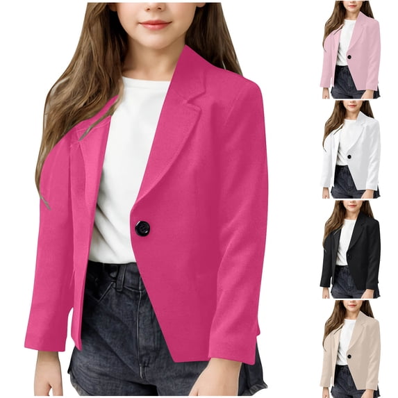 QSXADF Girls Blazer Long Sleeve Button Down Jackets Lapel Button Up Short Blazer Solid Long Sleeve for Girls School Uniform Daily Wear Children's Outwear
