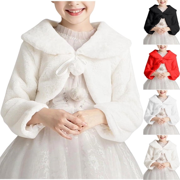 QSXADF Girls Fleece Boleros Shrugs Cape Cardigan Solid Long Sleeve Crewneck Plushed Cape Shawl Short Wrap Casual Fall Winter Coat for Children