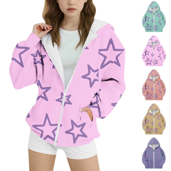 QSXADF Girls Fleece Full-Zip Hoodie Sweatshirts Girls Hooded Long Sleeve Ties Dyes Graphic Fleece Sweatshirt Sporty Casual Fall Winter Coat for Children