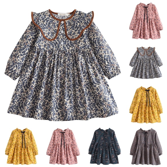 QSXADF Girls Long Sleeve Dress Toddler Casual Dress Floral Print Long Sleeve Collared Crew Neck Comfortable Casual Toddler Girl's Dresses Toddler Girls Outfits