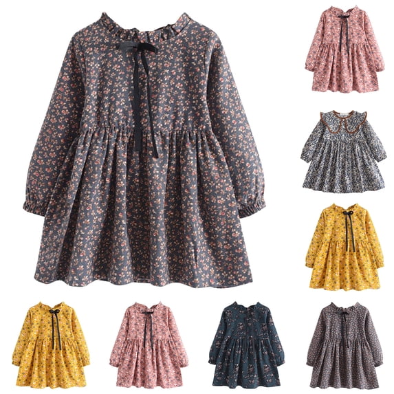 QSXADF Girls Long Sleeve Dress Toddler Casual Dress Floral Print Ruched Waist Long Sleeve Crew Neck Daily Wear Fashion Girl's Dresses Toddler Girls Outfits
