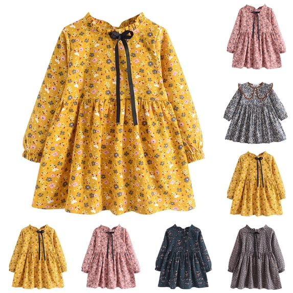 QSXADF Girls Long Sleeve Dress Toddler Casual Dress Floral Print Ruched Waist Long Sleeve Crew Neck Daily Wear Fashion Girl's Dresses Toddler Girls Outfits