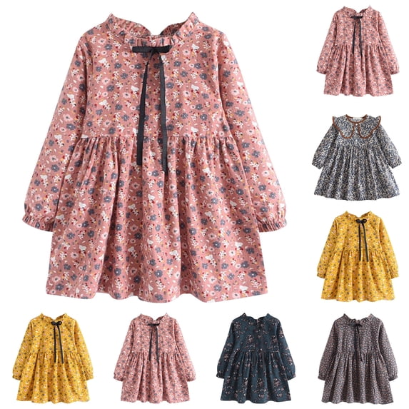 QSXADF Girls Long Sleeve Dress Toddler Casual Dress Floral Print Ruched Waist Long Sleeve Crew Neck Daily Wear Fashion Girl's Dresses Toddler Girls Outfits