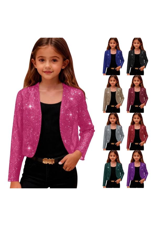 Girls' Sequin Jacket Sparkly Crop Glitter Cardigan Metallic Pleated Long Sleeve Crop Cardigan Wrap Style Party Casual Girls Outerwear Children's Outwear