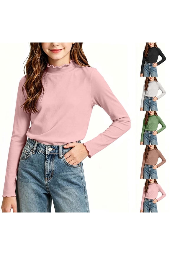 Girls Turtleneck Pullover T-Shirt Kids Basic Layer Modals High Neck Solid Crew Neck Long Sleeve Top for Girls Soft Layering Childrens Fall Winter Blouses