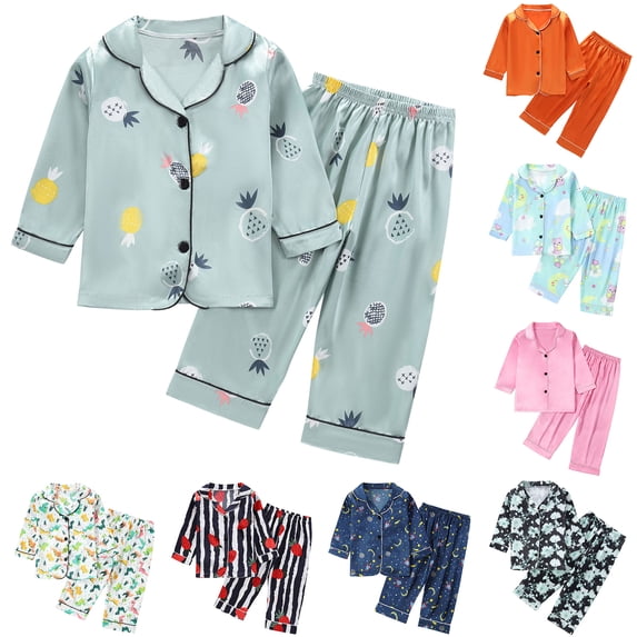 QSXADF Kids Button Down Long Sleeve Stain Outfit Set Boys and Girls Solid Satin Graphic Long Sleeve Clothing Set Straight Leg Pants Casual Daily Casual Childrens Fall Winter Outfit Set