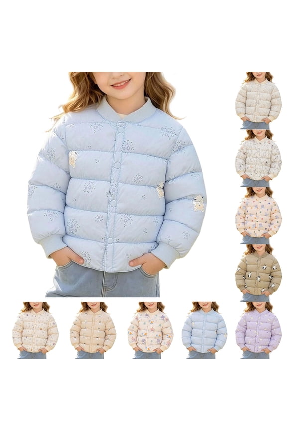 Kids Quilted Jackets Warm Snap Button Puffer Coat Printed Lightweightful Padded Jacket Long Sleeve Snap Button Closure Quilted Inner Wear Layering Fall Winter Coat for Children