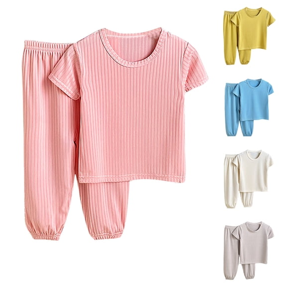 QSXADF Kids Sleepwear Set Short Sleeve Shirt & Pants Summer Girls Solid Short Sleeve Top & Long Pants Ice Silk 2 Piece Outfit Kids Clothing Set Children Outwear