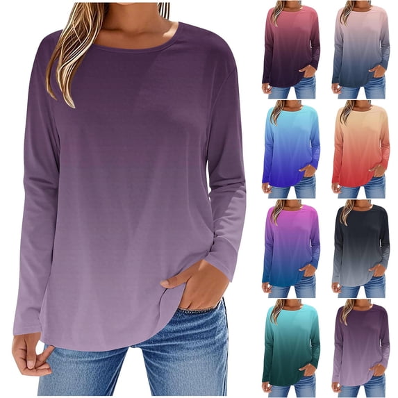 QSXADF Long Sleeve Shirts For Women Casual Pullover Stylish Trendy Graphic Print Long Sleeve Round Neck Pullover Casual Womens Blouses Ladies Tops