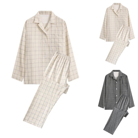 QSXADF Men's Button Down Pajama Set Fall Plaid Sleep Set Plaid Graphic Button Front Pajama Set Long Sleeve Collared Shirt and Relaxed Pants Mens Home Sleepwear