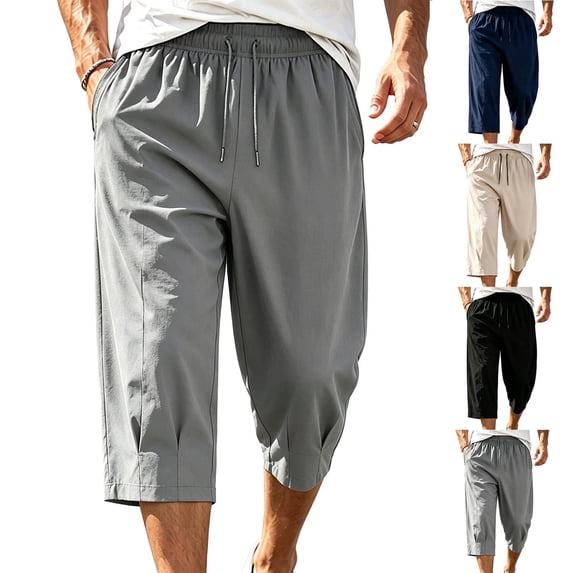 QSXADF Men's Capris Elastic Waist Drawstring Shorts Capris with Elastic Drawstring Waist and Pockets for Warm Weather Comfortable Men Casual Trousers