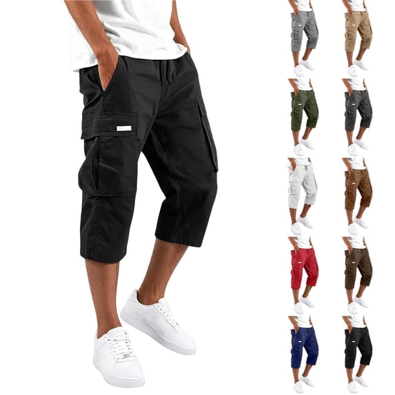 QSXADF Men's Cargo Capris Wide Leg Drawstring Hiking Pant 3/4 Length Cargo Pants Solid Multi Pocket Drawstring Elastic Waist Outdoor Men's Casual Trousers