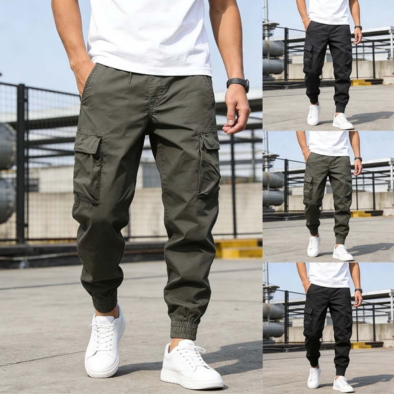 QSXADF Men's Cargo Pants Drawstring Joggers Cargo Straight Long Pants Solid Drawstring Elastic Waist Multi Pocket Outdoor Men's Casual Trousers