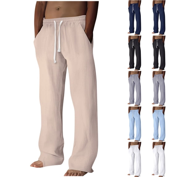 QSXADF Men's Elastic Waist Drawstring Wide Leg Pants Linen Blending Drawstring Long Pants Pocket Straight Leg Relaxed Breathable Daily Mens Casual Trousers