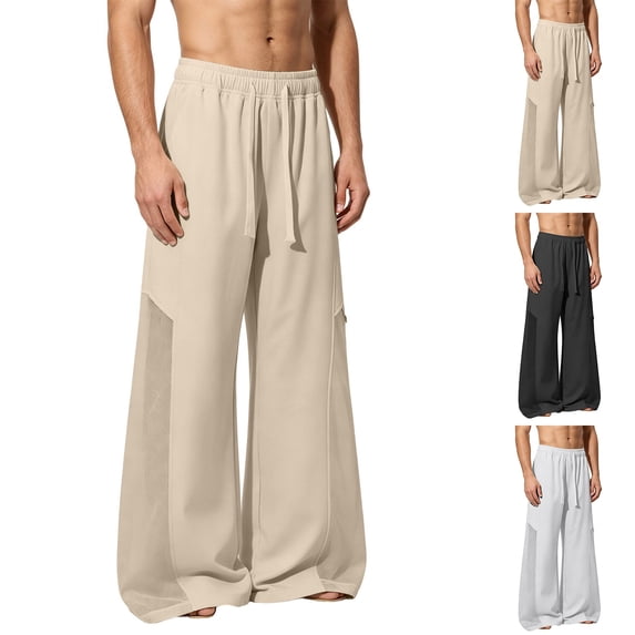QSXADF Men's Elastic Waist Drawstring Wide Leg Pants Wide Leg Athletic Mesh Pants Ice Silk Fabric with Drawstring for Gym Running Summer Men's Casual Trousers