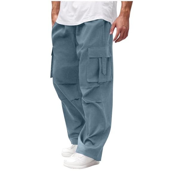 QSXADF Men's Loose Wide Leg Straight Cargo Pants Button Zipper Multi Pocket Straight Leg Outdoor Gym Men's Casual Trousers