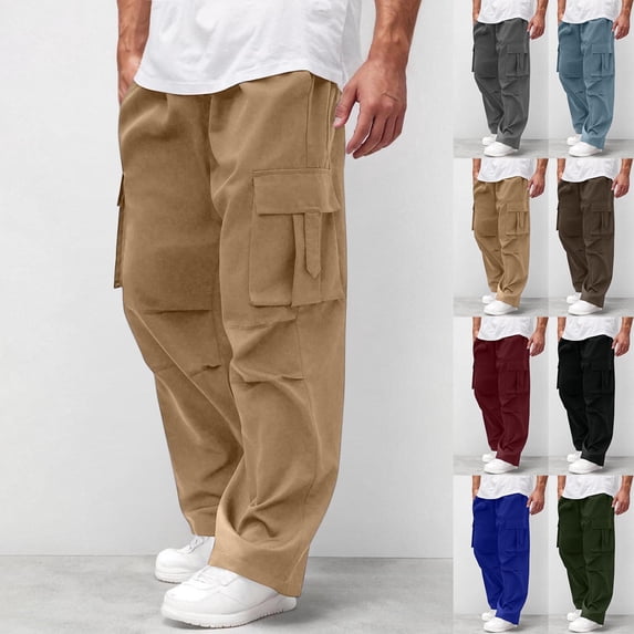 QSXADF Men's Loose Wide Leg Straight Cargo Pants Cargo Straight Long Pants Button Zipper Multi Pockets Cotton for Work Construction Heavy Duty Men's Casual Trousers