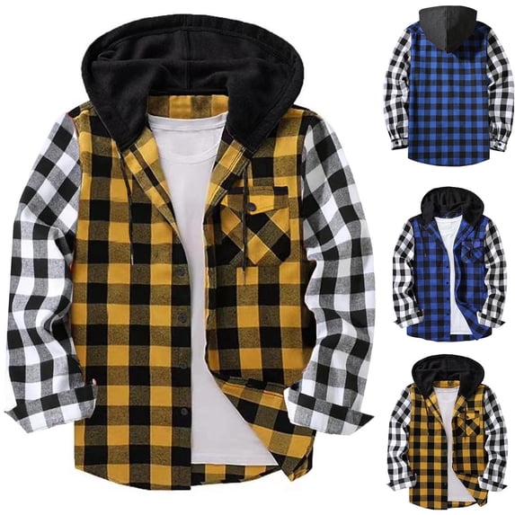 QSXADF Men's Plaid Shirt Jacket Hooded Shacket Plaid Regular Hooded Button Down Shirt Long Sleeve With Pockets Contrast Sleeves For Casual Wear Men's Fall Winter Tops