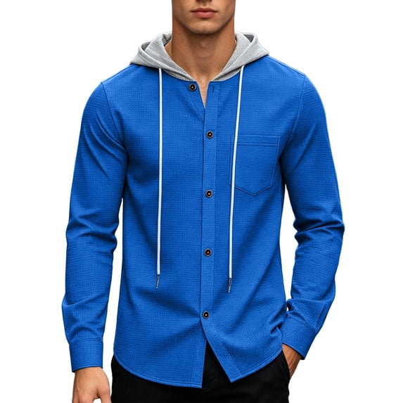 QSXADF Men's Shirt Jacket Casual Hooded Long Sleeve Button Down Pocketed Relaxed Coat