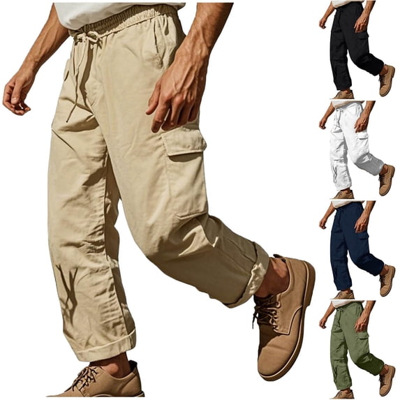 QSXADF Men's Straight Leg Pants Cotton Linen Cargo Pants Multi Pocket Cargo Pants Drawstring Loose Solid for Outdoor Daily Work Men's Casual Trousers