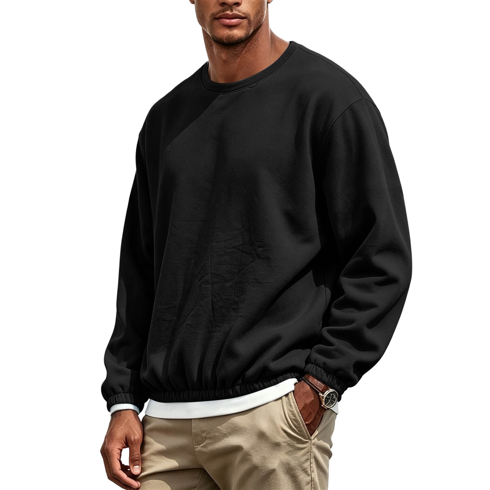 QSXADF Mens Sweatshirt Long Sleeve Crew Neck Elastic Hem Loose Pullover ...