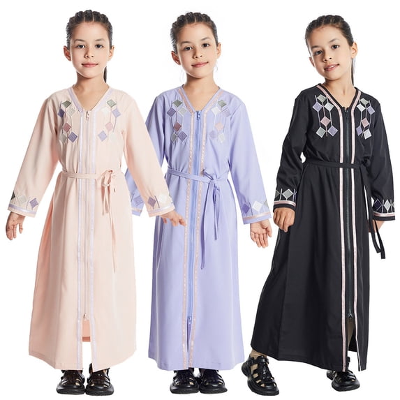 QSXADF Muslim Girls Abayas Long Sleeve Prayering Dress Muslim Style Embroidered Ruffled Long Sleeve V-Neck Ankle Length Modest Girl's Dresses Toddler Girls Outfits