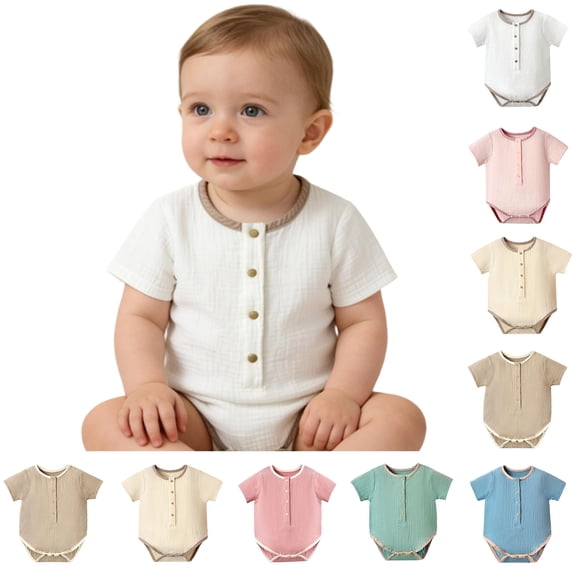 QSXADF Newborn Bodysuits Infant Girls Rompers Solid Color Summer Short Sleeve Romper Gauze Fabric Infant Outfits