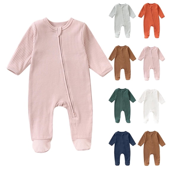 QSXADF Newborn Bodysuits Infant Girls Rompers Solid Long Sleeve Footed Romper With Zipper Round Neck Infant Outfits