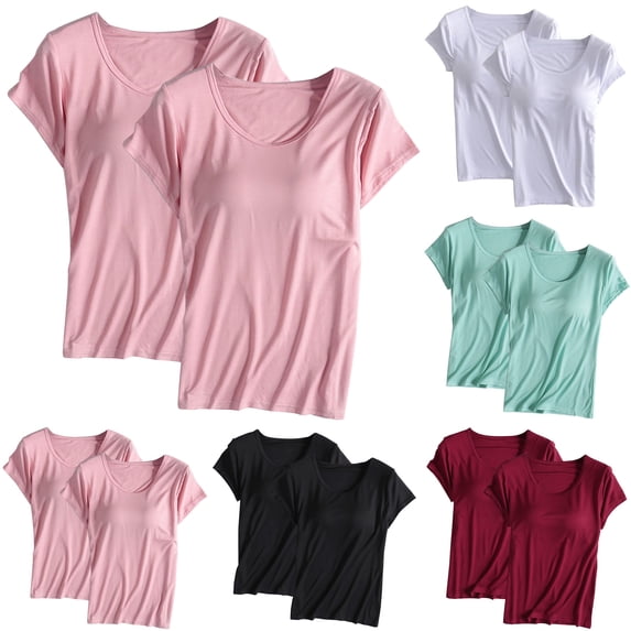 QSXADF Pajama Tops For Women Sleep Shirt Pajama Shirt 2PC Solid Round Short-Sleeve Nightgown Padded Cups Women Summer Pajamas Soft Loungewear