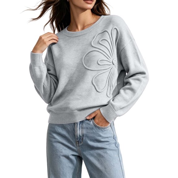 QSXADF Pullover Sweaters for Women Knit Bow Round Neck Long Sleeve Tops
