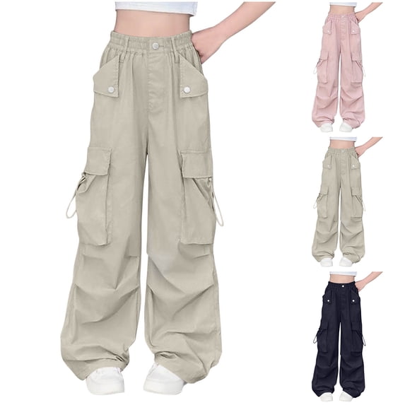 QSXADF Unisex Boys Girls Cargos Kids Casual Sport Pants Solid Color Cargo Long Pants Elastic Waist With Pockets For Outdoor Daily Wear Children's Trousers