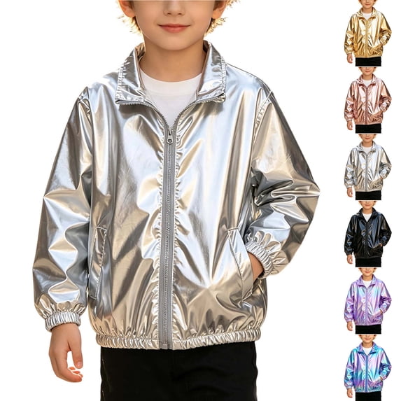 QSXADF Unisex Boys Girls Shiny Jacket Kids Crop Jacket Solid Shiny Stand Collar Zip Up Jacket Casual Fall Boys Girls Outerwear Children's Outwear