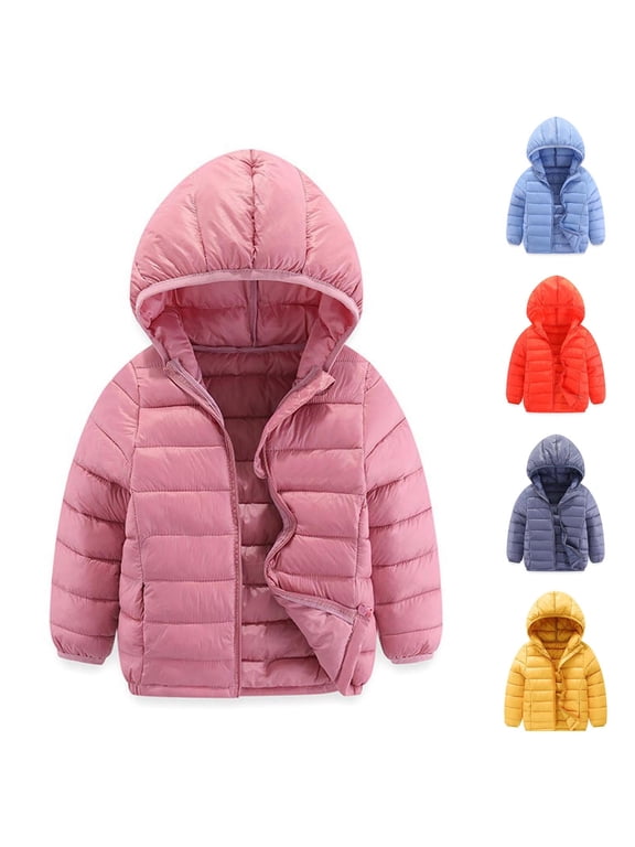 Unisex Boys and Girls Winter Hooded Puffer Jacket Solid Color Lightweightful Down Filled Warm Cozy Outerwear Casual Fall Winter Coat for Children