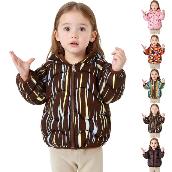 QSXADF Unisex Boys and Girls Winter Hooded Puffer Jacket Long Sleeve Lightweightful Graphic Quilted Zip Up Warm Outdoor Winter Coat for Children
