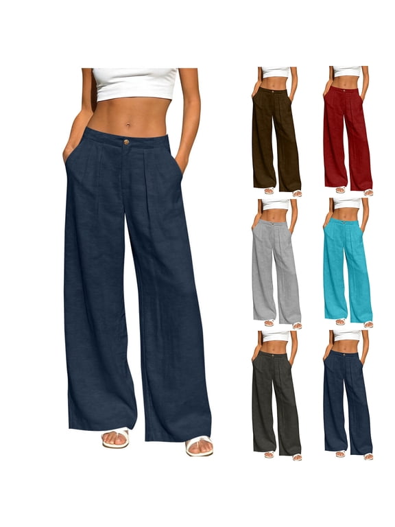 Wide Leg Pants For Women Casual Palazzos Pants Linen Look Straight Pants with Button Zip Closure Back Elastic Waist and Side Pockets Women's Relaxed Daily Long Trousers