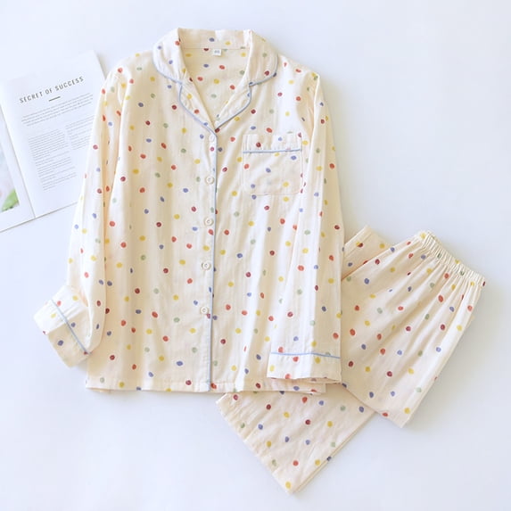 QSXADF Women Pajama Set Long Sleeve Button Down Sleepwear Graphic Cotton Double Gauze Button Front Long Sleeve Pajama Set Cardigan Style Women's Homewear Fall Winter Clothing Set