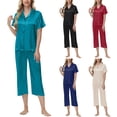 thumbnail image 1 of QSXADF Women Satin Pajama Set Short Sleeve Top And Capris Solid Short Sleeve Satin Shirt Capris Pants Home Loungewear Women's Clothing Set Ladies Lounges Set, 1 of 6