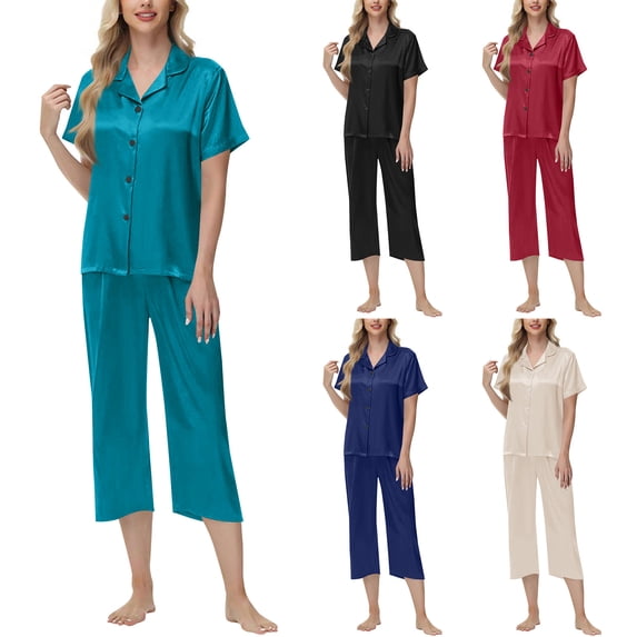 QSXADF Women Satin Pajama Set Short Sleeve Top And Capris Solid Short Sleeve Satin Shirt Capris Pants Home Loungewear Women's Clothing Set Ladies Lounges Set
