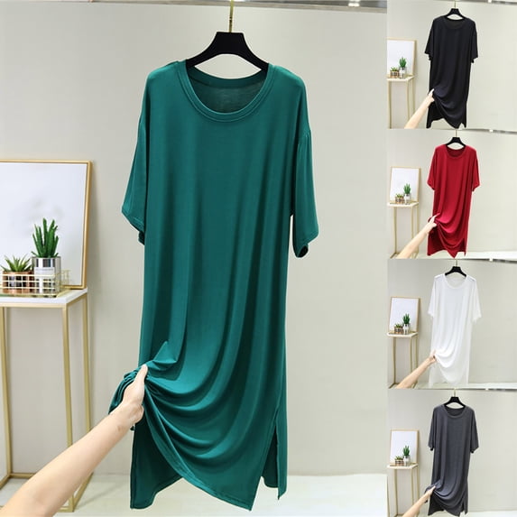 QSXADF Women Summer Short Sleeve Dress T-Shirt Maxi Dress Round Neck Short Sleeve Solid Side Slit Midi Length Maxi Length Loose Women's Dresses Vacation Dress