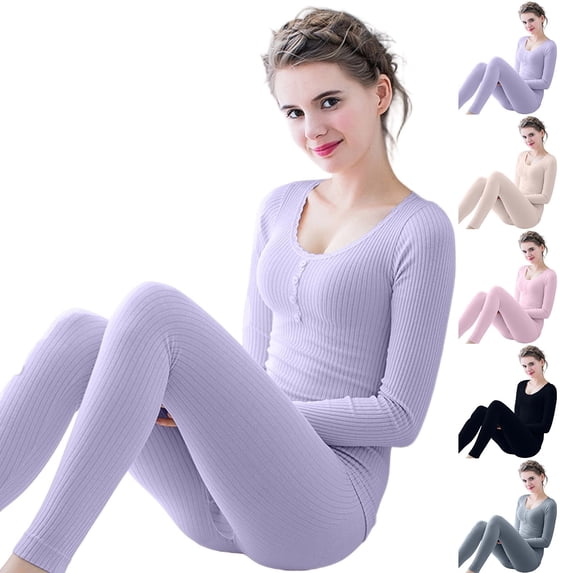 QSXADF Women Thermal Underwears Set Winter Base Layer Set Striped Thermal Underwears Set Long Sleeve Button Front Slim Base Layer Winter Women's Homewear Fall Winter Clothing Set
