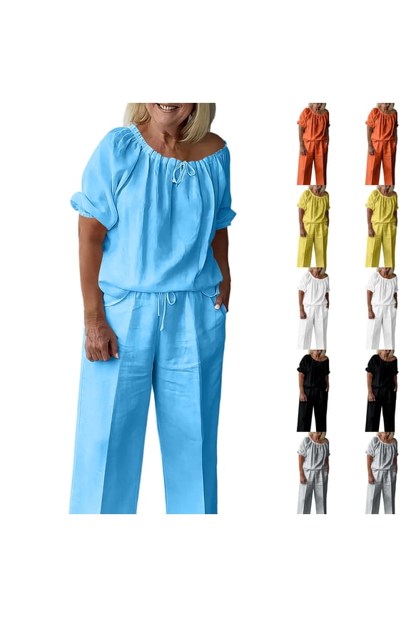 Women's 2 PC Short Sleeve Top + Pants Set Solid Loose Drawstring Waist Crew Neck Short Sleeve Top And Pants Set Casual Daily Outfit Women's Clothing Set Ladies Lounges Set